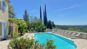 A swimming pool with a stone deck, surrounded by greenery and tall trees.