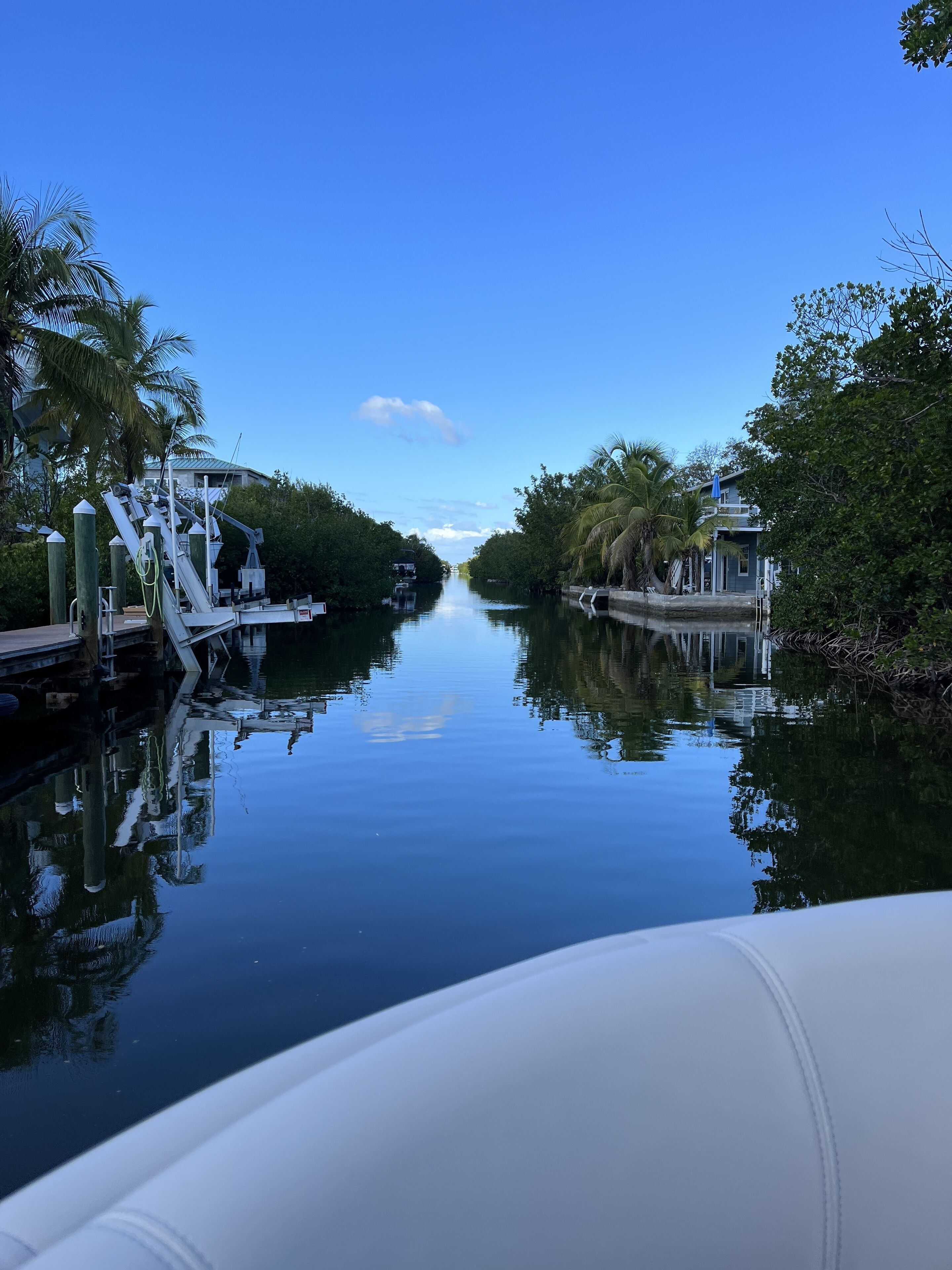 A calm waterway flanked by lush greenery and a modern building.