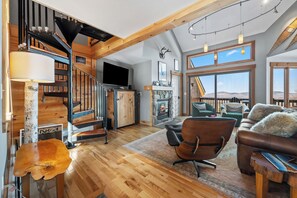 Televisión, chimenea, reproductor de DVD y libros 