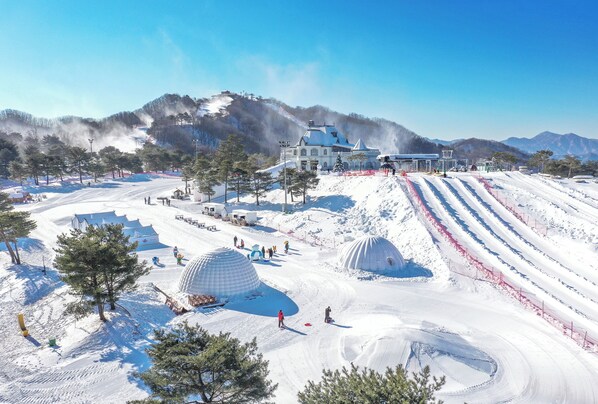 A ski resort with a large lodge, ski lifts, and snow-covered slopes. - Sono Felice Village Vivaldi Park (Hongcheon)
