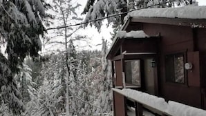 Puinen mökki, jossa on parveke, ja sen ympärillä on lumipeitteisiä puita.