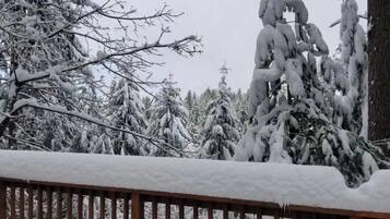 A snowy landscape with a wooden deck.