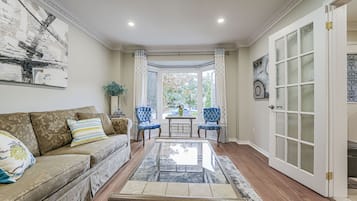 Smart TV, fireplace, books