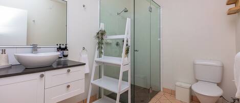 Un baño moderno con ducha de vidrio, lavamanos blanco y retrete.