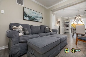 TV, fireplace, books