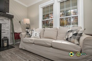 Televisión, chimenea y libros 