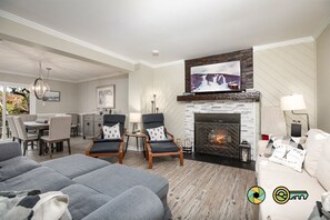 TV, fireplace, books