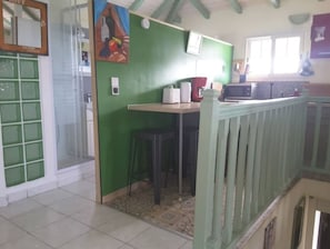 Une pièce avec un mur vert, une fenêtre à cadre blanc, une petite table avec une chaise rouge et un radiateur blanc.