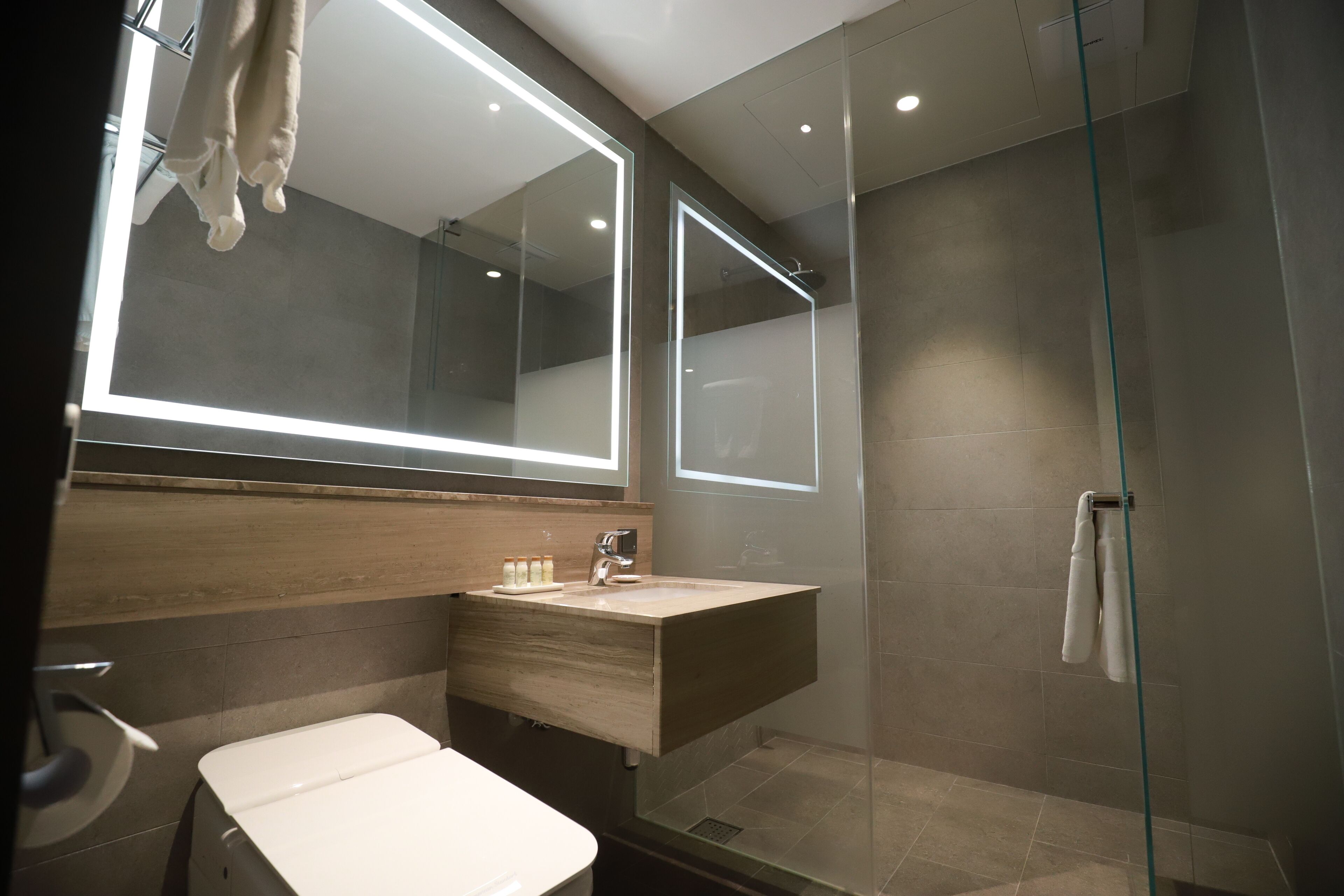 Een moderne badkamer met een houten wastafelmeubel, een grote spiegel, een douchecabine met glazen wanden en een toilet.