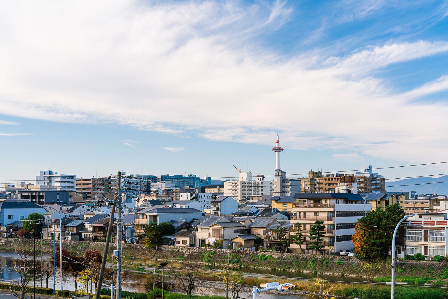 A cityscape with a prominent tower, residential buildings, and a river.