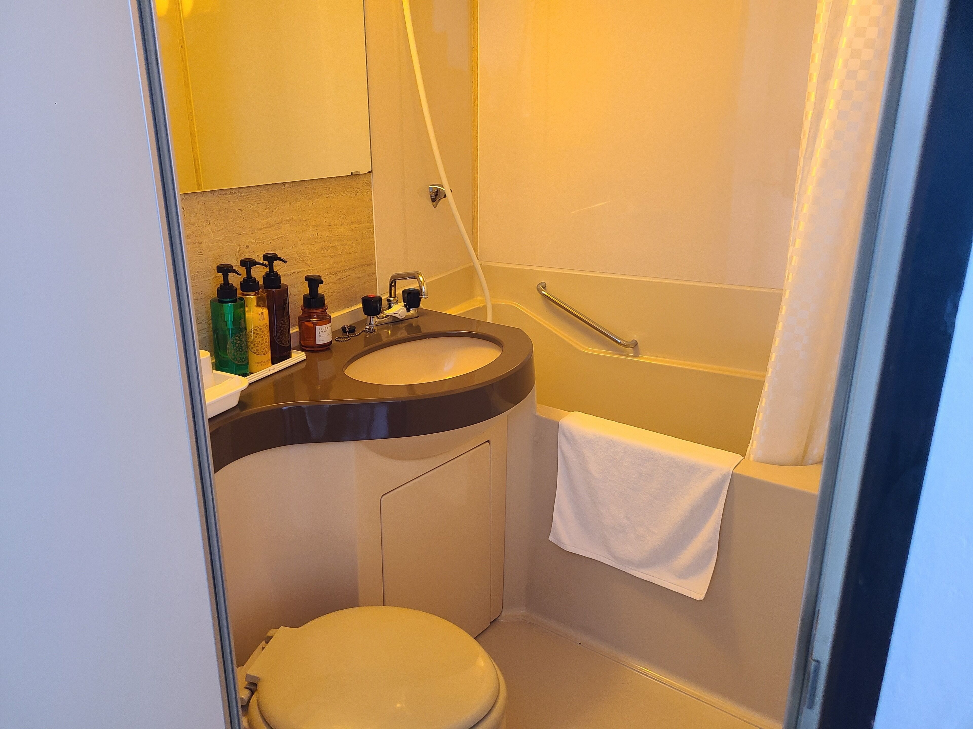 combined shower/bathtub, deep-soaking bathtub, free toiletries