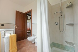 A bathroom with a shower, toilet, bidet, and a wooden door leading to another room. - Ca der Forn the Bread Oven House in Cascina Bricchetto Langhe - Italy (Trezzo Tinella)