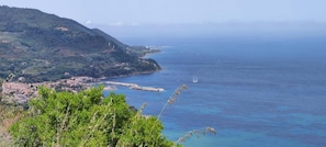 A coastal landscape with a town on a hillside, a clear blue sea, and a small boat in the distance.