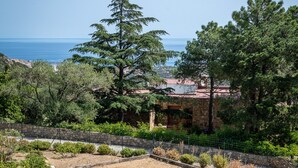 A wooden deck with a view of the sea, surrounded by greenery and a stone wall. - RESIDENCE U MANELLU (Santa-Reparata-di-Balagna)
