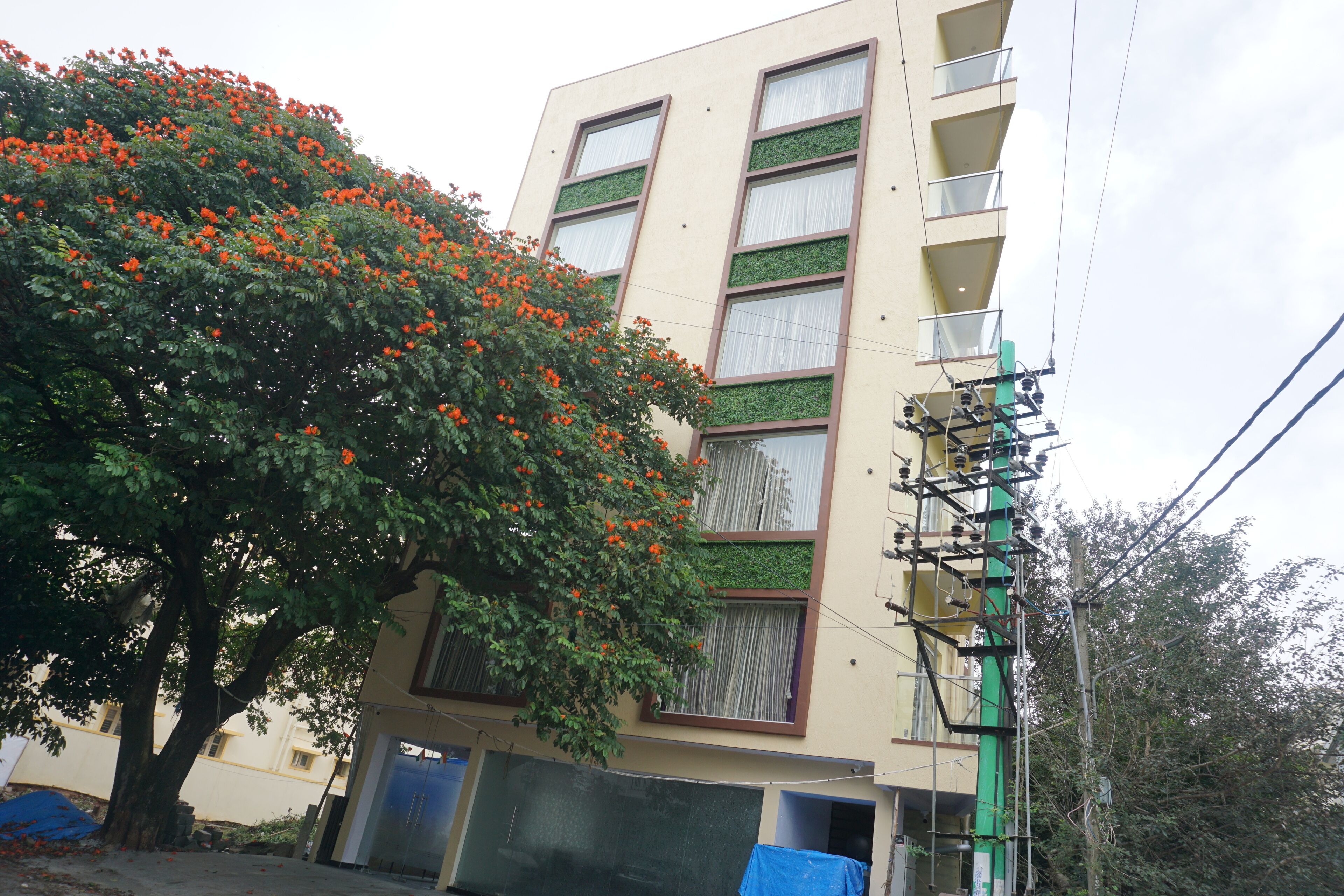 A multi-story building with a tree in front.