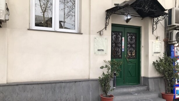A hotel entrance with a green door, a sign indicating it's a hotel, and potted plants on the steps. - green classic (Tbilisi)