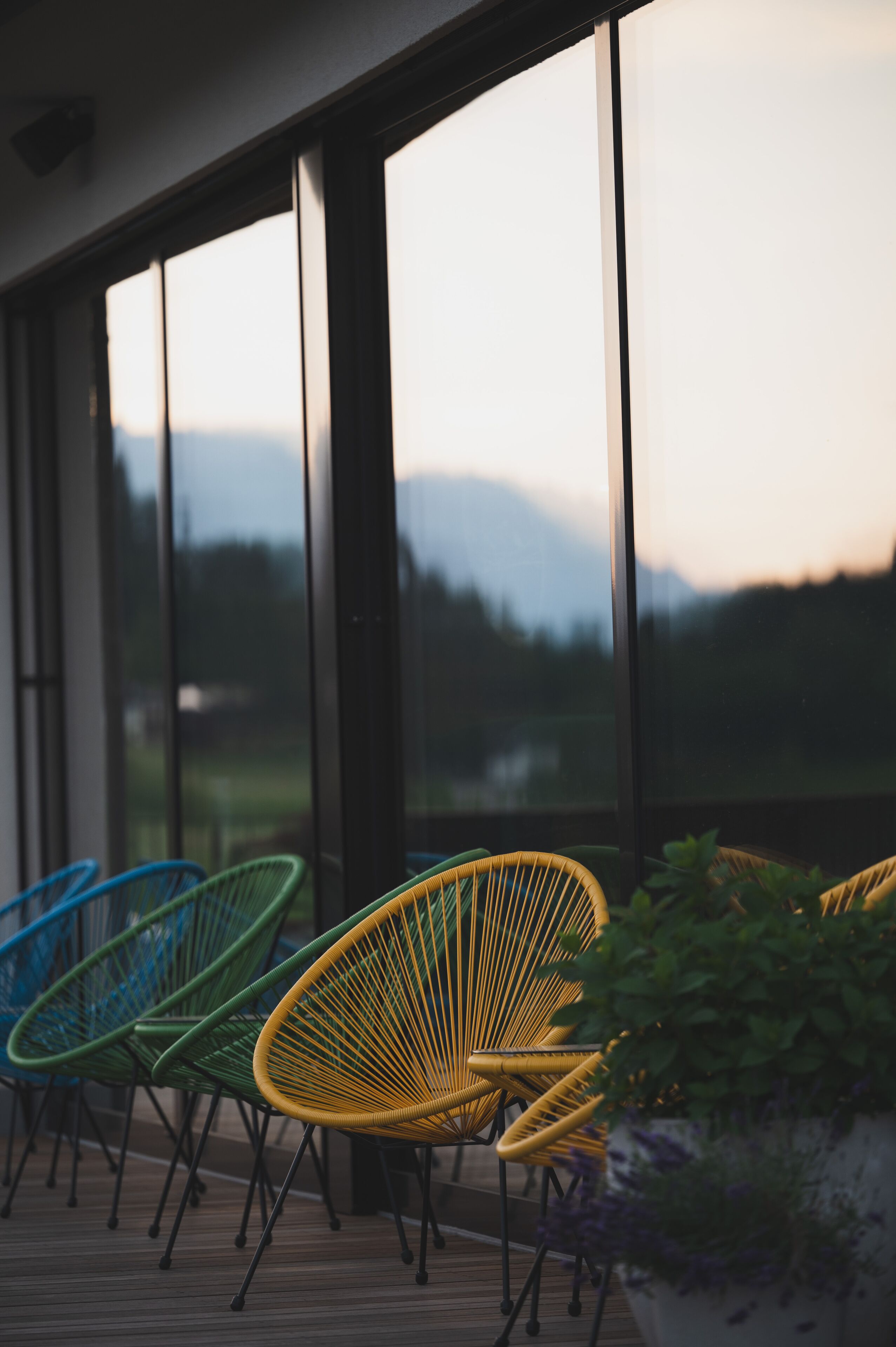 A terrace with large windows, wicker chairs, and a potted plant.