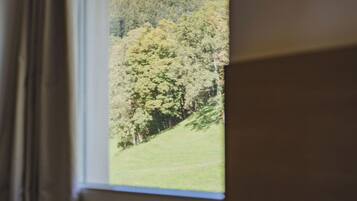 A room with a window overlooking a forested area.