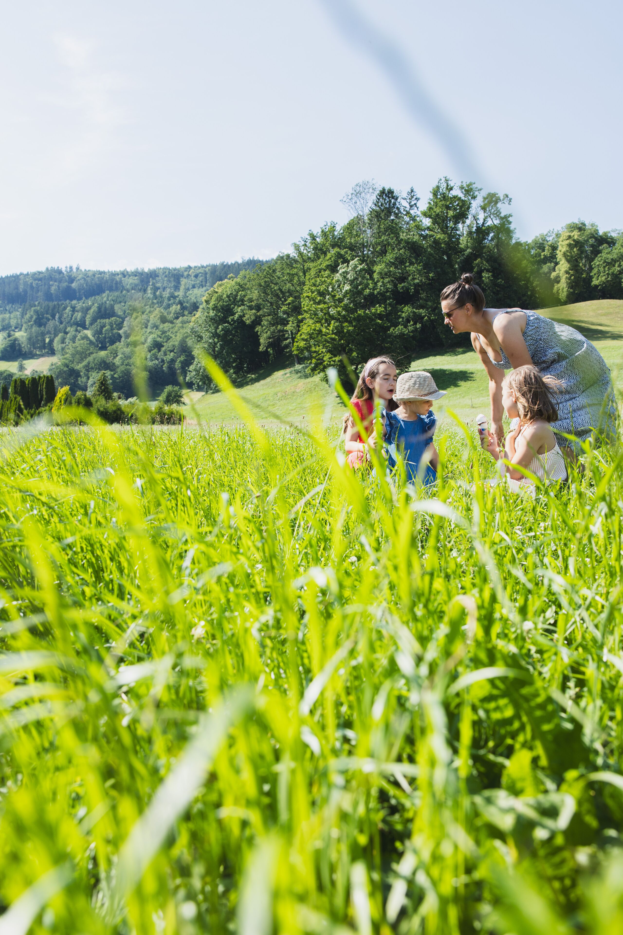 Una familia en un campo de hierba, con un paisaje montañoso al fondo.