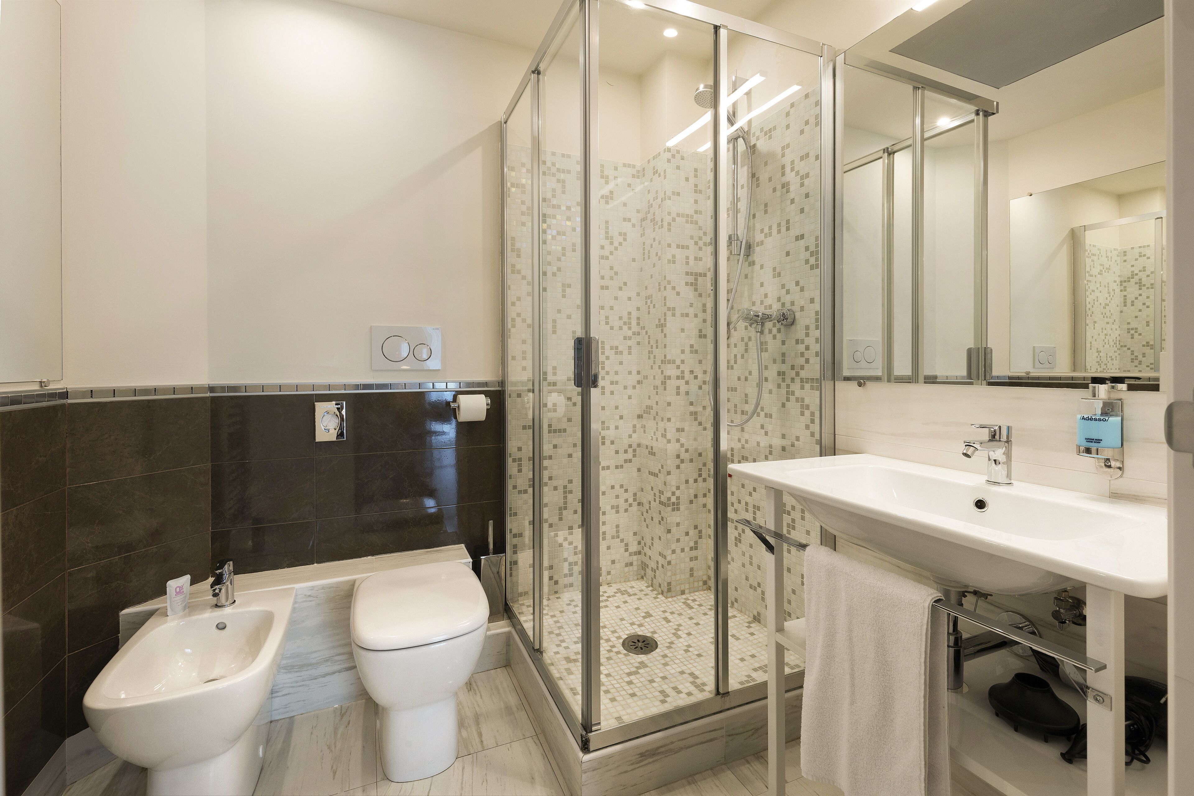 Un baño moderno con ducha de mampara de vidrio, lavamanos blanco y un bidé.