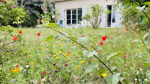 A house with a garden full of colorful flowers and a white exterior. - La Mandragora - Atelier d’art et poésie (Vernon)