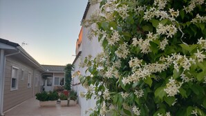 A residential building with a covered patio area, a white exterior wall, and a flowering vine.