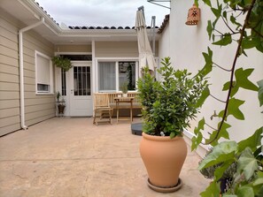 A patio with a wooden table and chairs, a potted plant, and a white door.