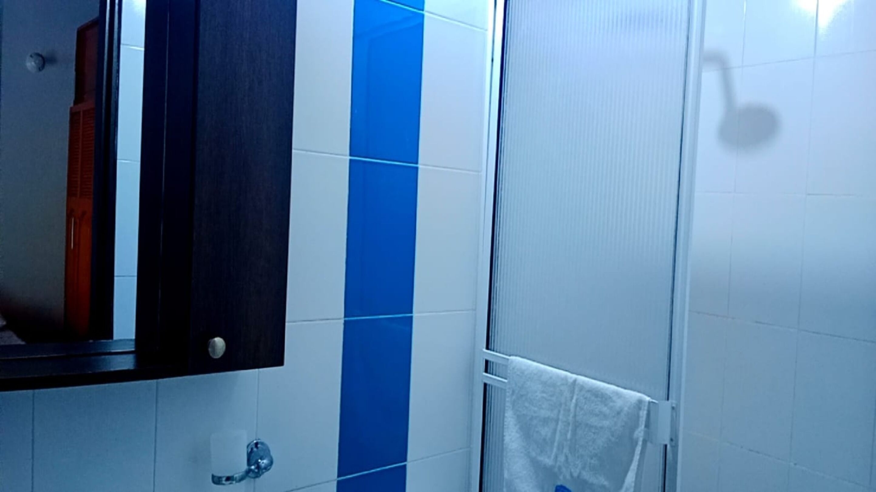 Un baño con espejo, toallero y zona de ducha.