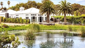 Un bâtiment blanc doté d’un toit plat, entouré d’une végétation luxuriante et bordé d’un étang.