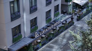 Un hôtel doté d’une terrasse, de plantes en pot et offrant une vue dégagée sur la rue.