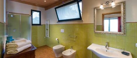 A bathroom with a wooden ceiling, a large mirror, a sink, a bidet, and a window.