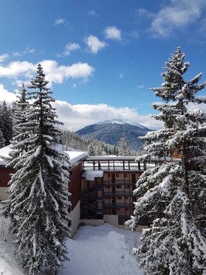 Un bâtiment enneigé, avec une montagne en arrière-plan.