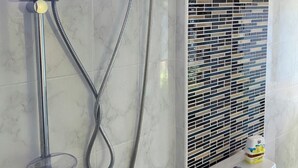 Ein Badezimmer mit Dusche, Duschbrause, Bedienfeld an der Wand und Toilette.