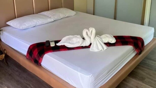Ein ordentlich bezogenes Bett mit weißen Bettwäsche und einer rot-schwarz karierten Decke, einem weißen Kissen und einer schwanenförmigen Handtuch-Arrangement.