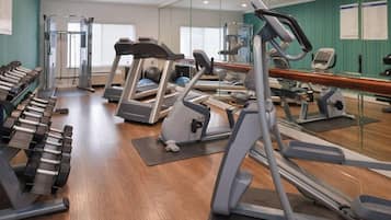 A gym with various exercise equipment including treadmills, elliptical machines, and free weights.