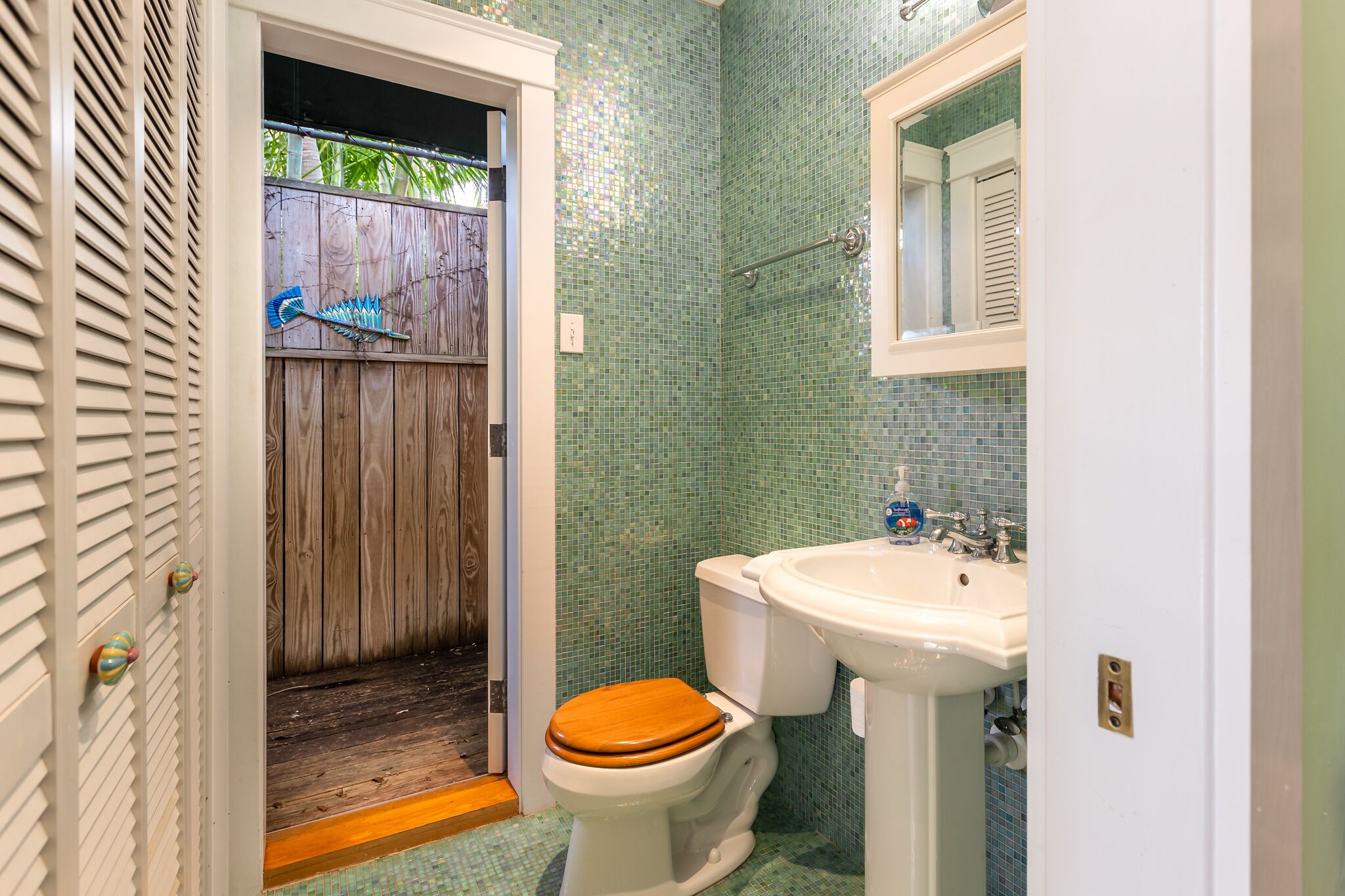 A bathroom with a toilet, sink, and a wooden door.