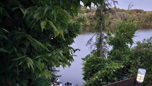 A wooden staircase leading down to a dock with boats, surrounded by lush greenery. - Tiny rustic cabin next to the Mississippi River  (St. Cloud)