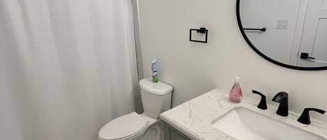 A bathroom with a toilet, a sink, a mirror, and a shower curtain.