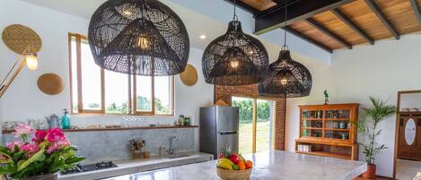 Fridge, microwave, stovetop, coffee/tea maker