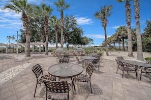 Relax in a serene outdoor space surrounded by palm trees and comfortable seating.