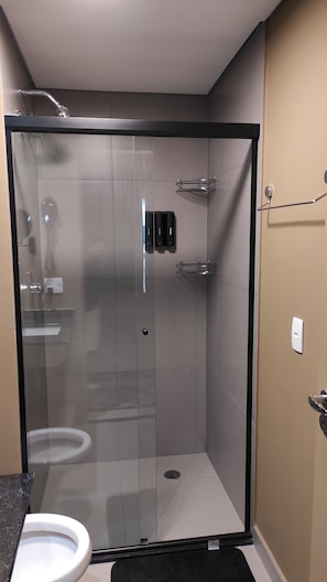 Une cabine de douche fermée par des parois de verre, d’où l’on peut voir les toilettes et le lavabo.