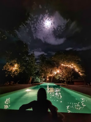 Ein Blick auf ein Schwimmbecken bei Nacht, beleuchtet mit Lichterketten, mit Bäumen im Hintergrund.