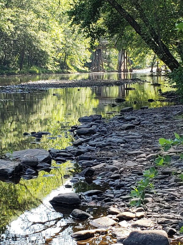 A calm river with rocks and greenery.