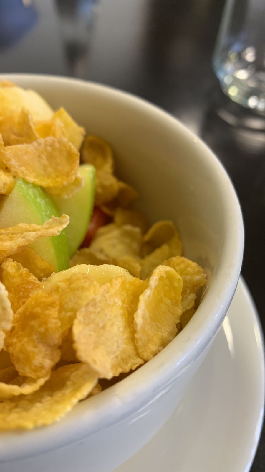 Een schaal chips en een plak appel op een wit bord.