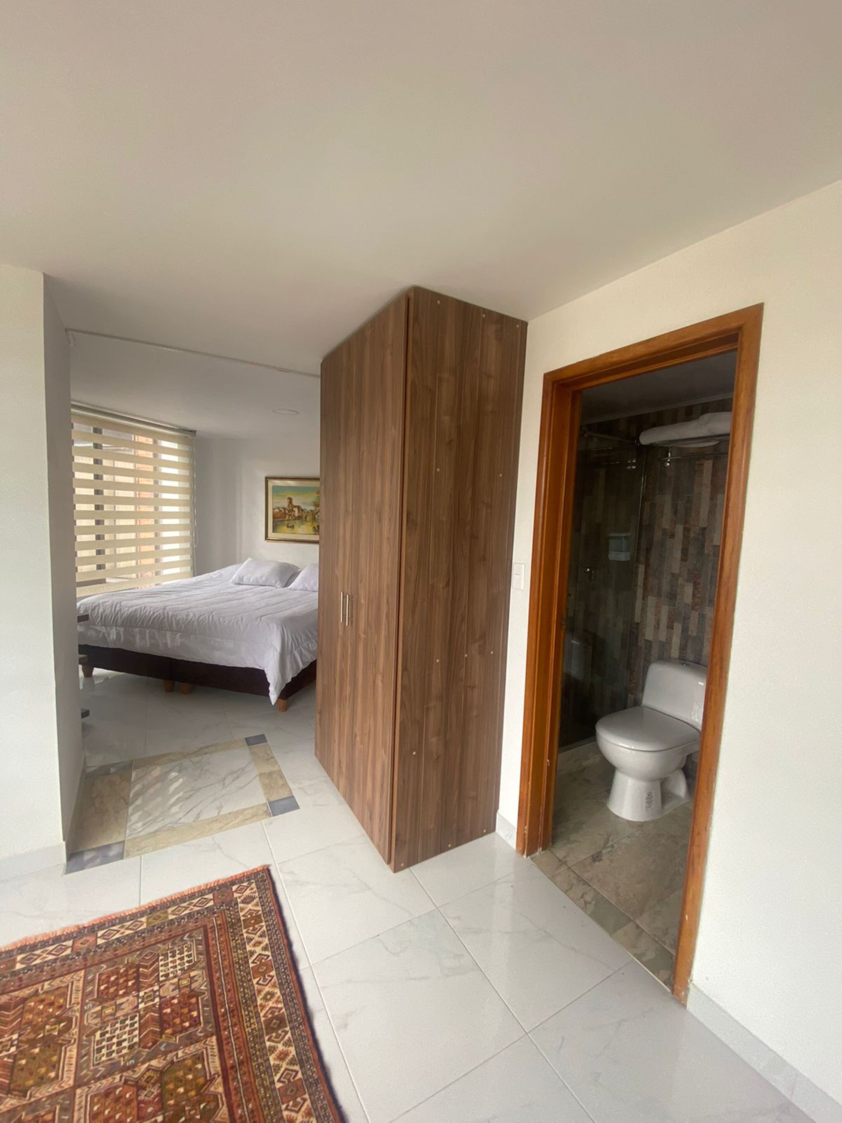 A bedroom with a bed, a wooden wardrobe, a bathroom with a toilet, and a shower.