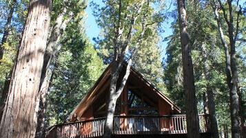 A cabin with a balcony, surrounded by tall trees and wooden logs.