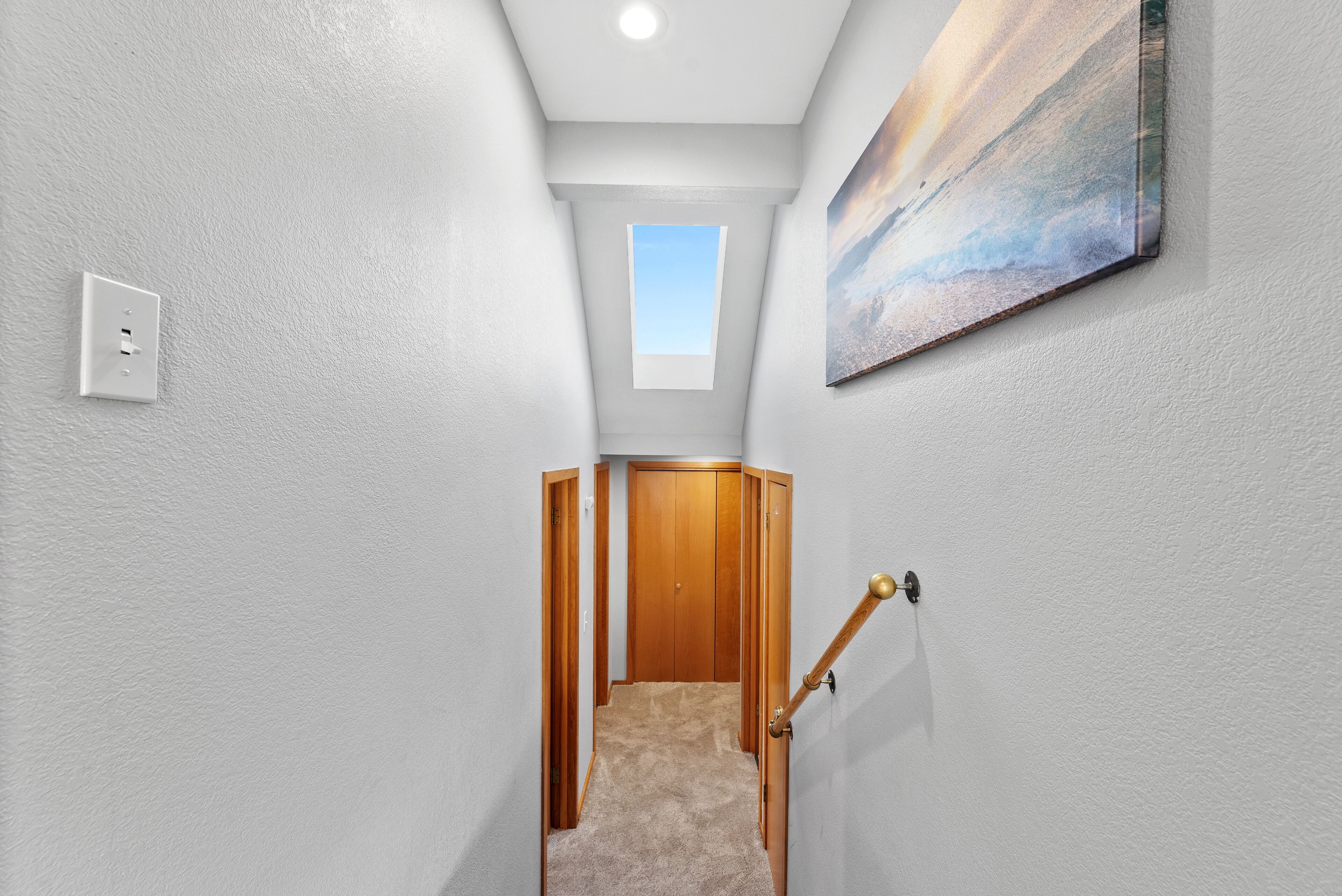 A narrow hallway with a wooden door at the end, a small skylight, and a painting on the wall.