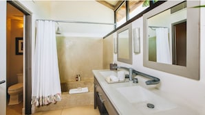 A bathroom with a shower, two sinks, a large mirror, and a toilet.