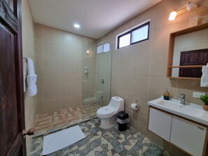 Douche, séchoir à cheveux, serviettes fournies, savon
