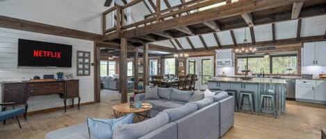 Smart TV, fireplace, DVD player, table football